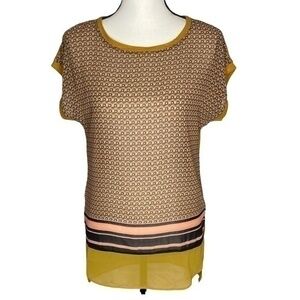 Papillon Top Mustard Color Print Scoop Neck Short Sleeve Hi Lo Sheer Blouse